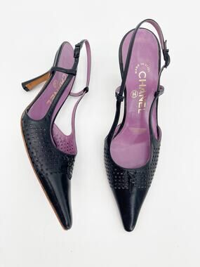 Chanel Vintage Black Perforated Leather CC Logo Slingback Pumps Heels EU 36